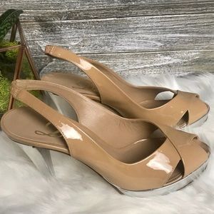 DELMAN Open Toe Honey/Silver Leather Slingbacks